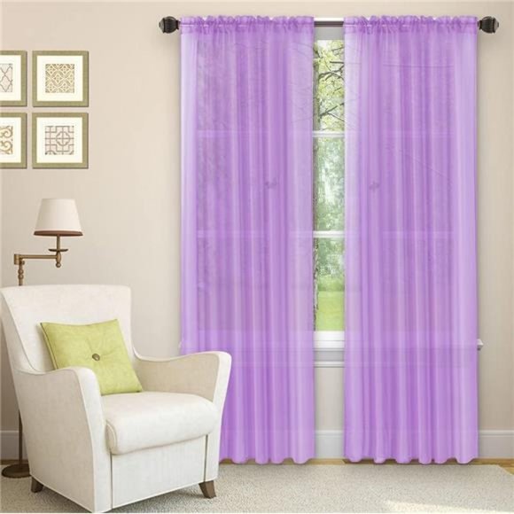 2 Pieces Solid color Rod Pocket sheer Window panel curtain set, 54" W x 84" L - Picture 1 of 1